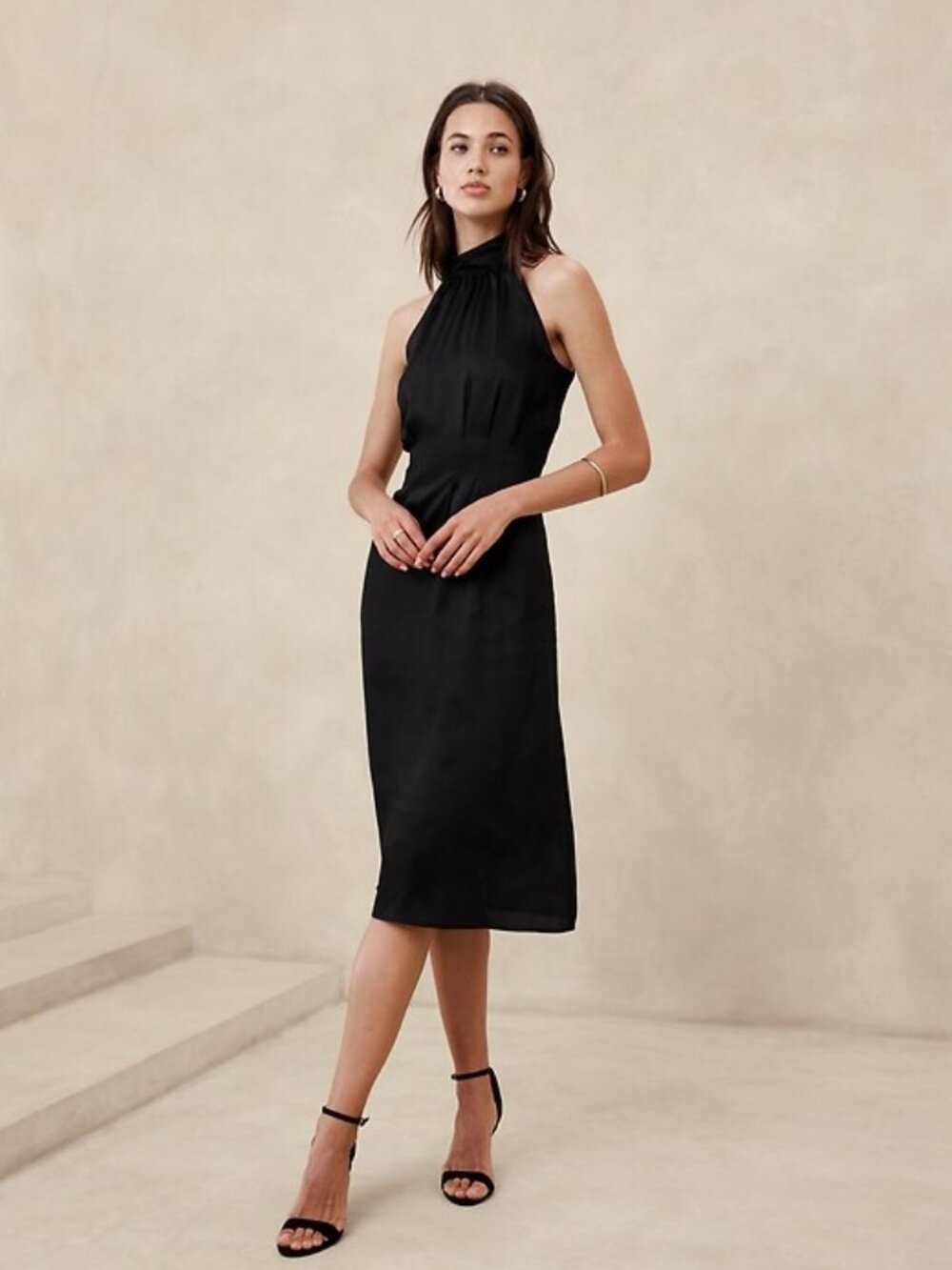 NWT Banana Republic Factory sz 4 Black Silky Twill Halter Midi Dress Evening